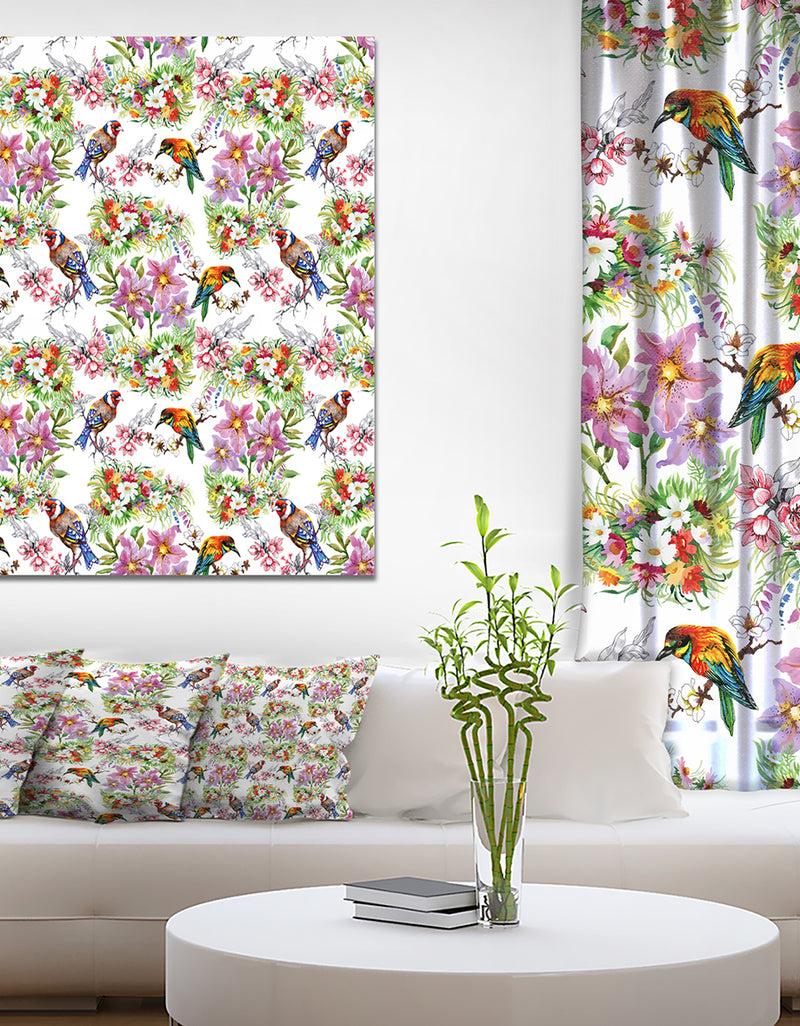 DesignQ Pattern with flowers and birds - Floral Painting Print on Wrapped Canvas