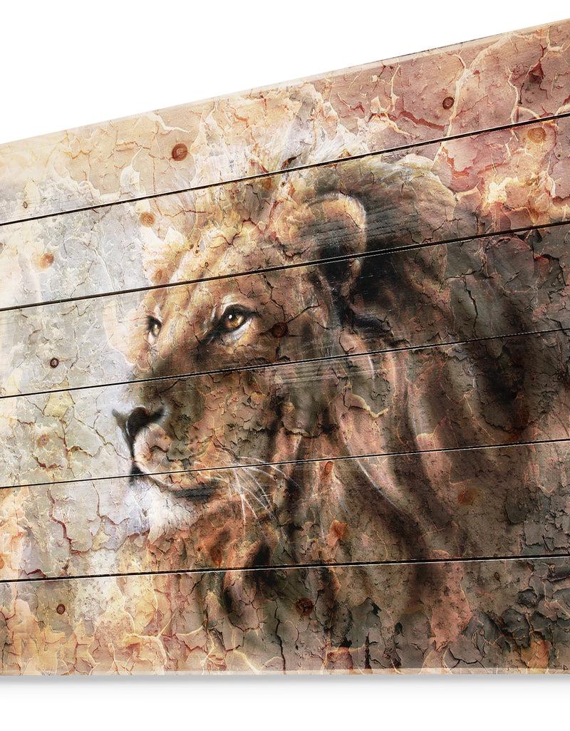 DesignQ Peaceful Lion - Animal Art Print On Natural Pine Wood