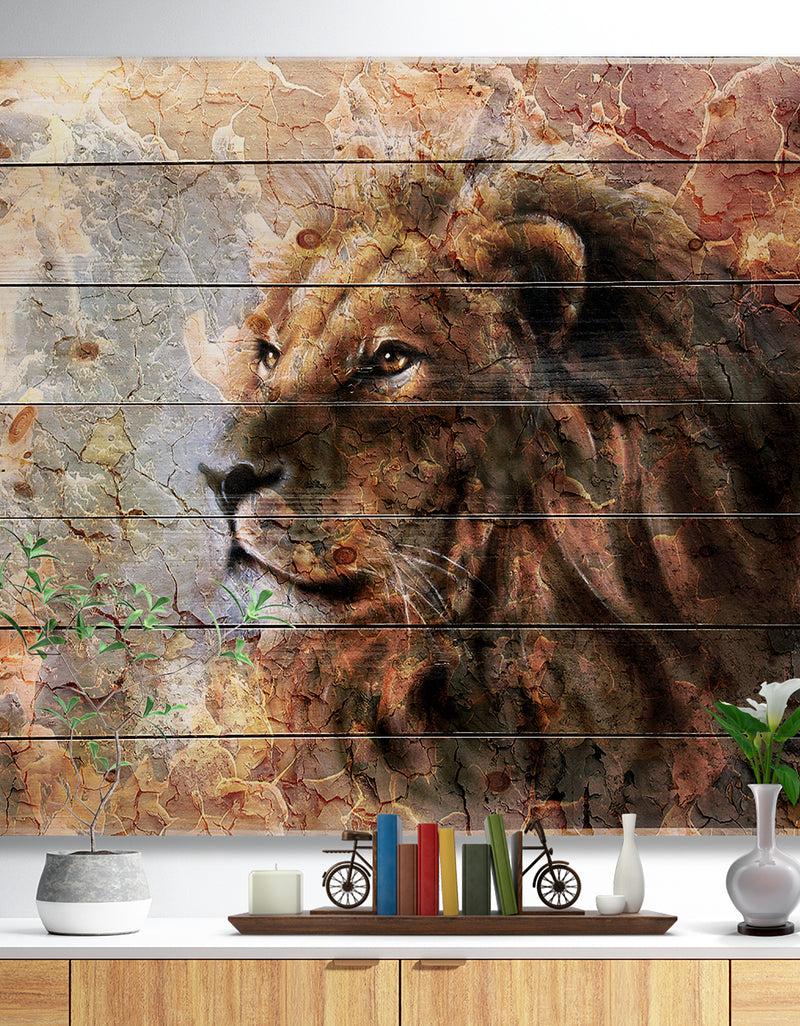 DesignQ Peaceful Lion - Animal Art Print on Natural Pine Wood