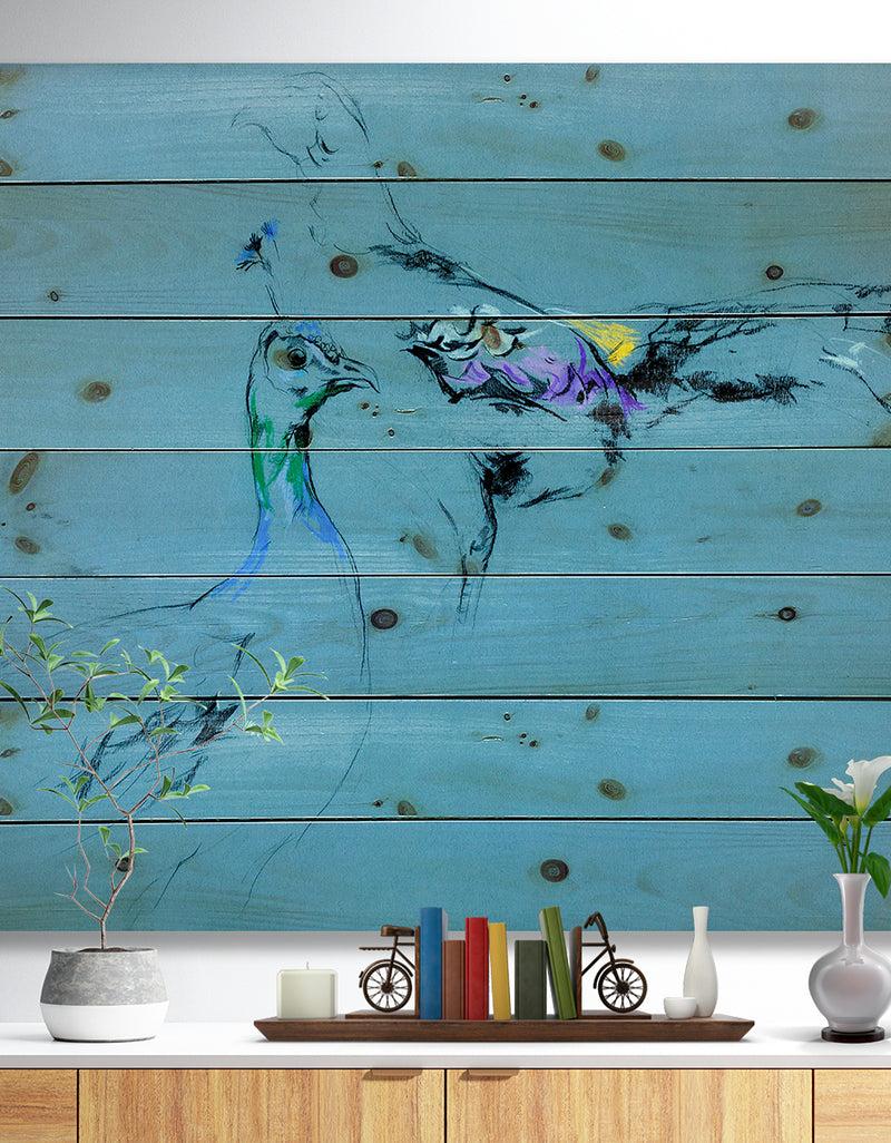 DesignQ Peacock and peahen sketch - Animals Sketch Painting Print on Natural Pine Wood