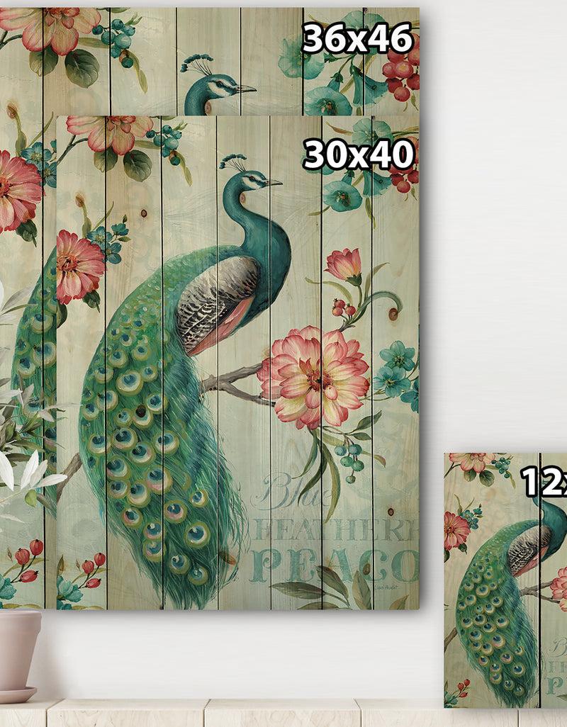 DesignQ Peacock - Floral And Botanical Print On Natural Pine Wood