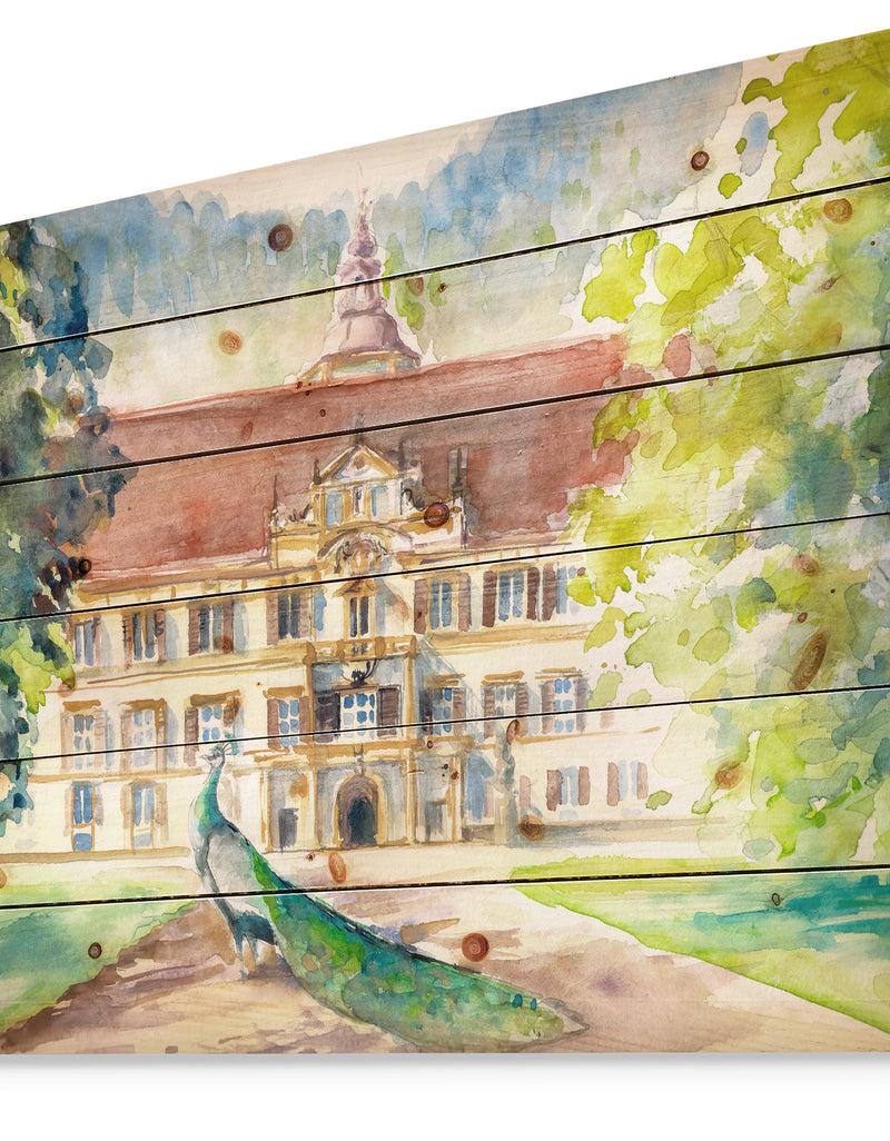 DesignQ Peacock In Park - Farmhouse Animal Painting Print On Natural Pine Wood