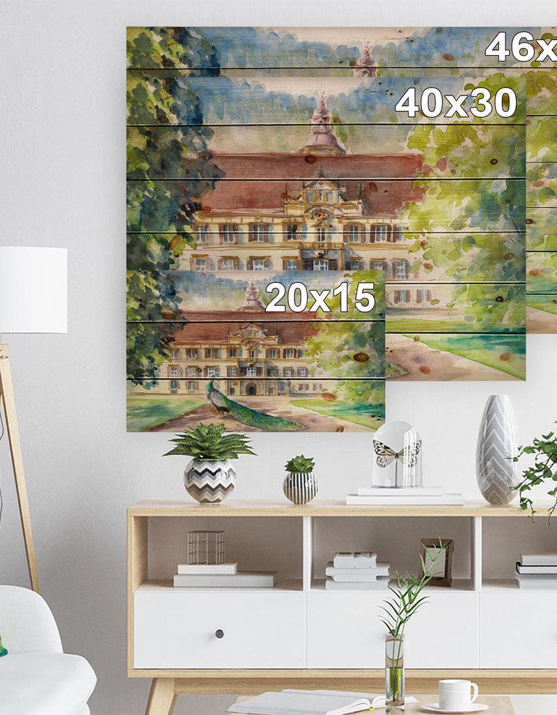 DesignQ Peacock In Park - Farmhouse Animal Painting Print On Natural Pine Wood