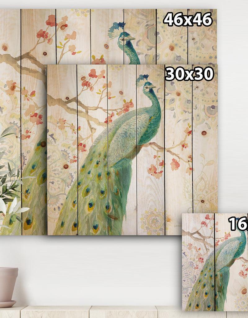 DesignQ Peacocks Watercolor I - Traditional Print On Natural Pine Wood