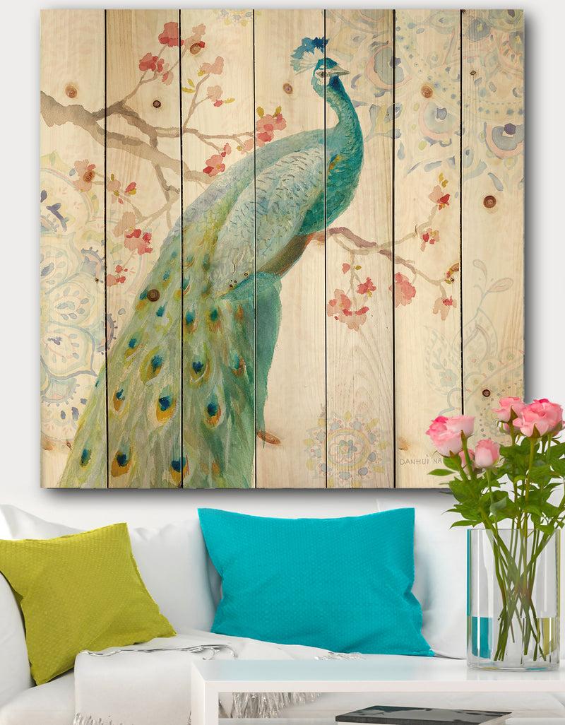 DesignQ peacocks Watercolor I - Traditional Print on Natural Pine Wood