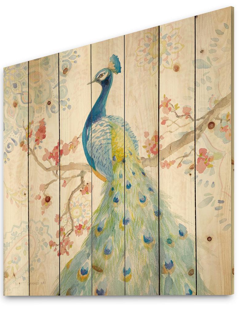 DesignQ Peacocks Watercolor II - Traditional Print On Natural Pine Wood