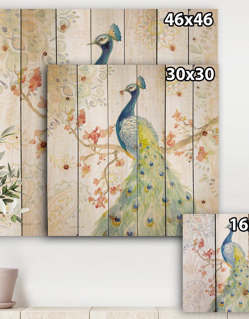 DesignQ Peacocks Watercolor II - Traditional Print On Natural Pine Wood