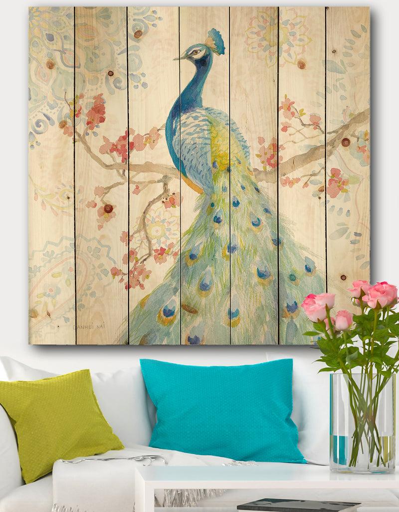 DesignQ peacocks Watercolor II - Traditional Print on Natural Pine Wood