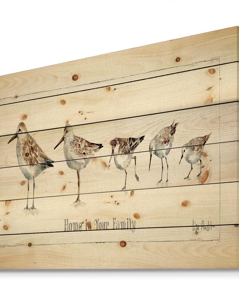 DesignQ Pebbles And Sandpipers Family - Traditional Print On Natural Pine Wood