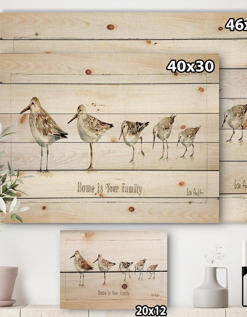 DesignQ Pebbles And Sandpipers Family - Traditional Print On Natural Pine Wood