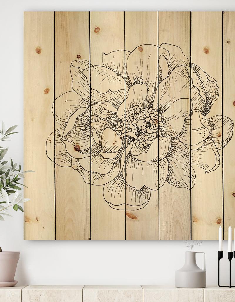 DesignQ Pen and Ink Florals IV - Farmhouse Print on Natural Pine Wood