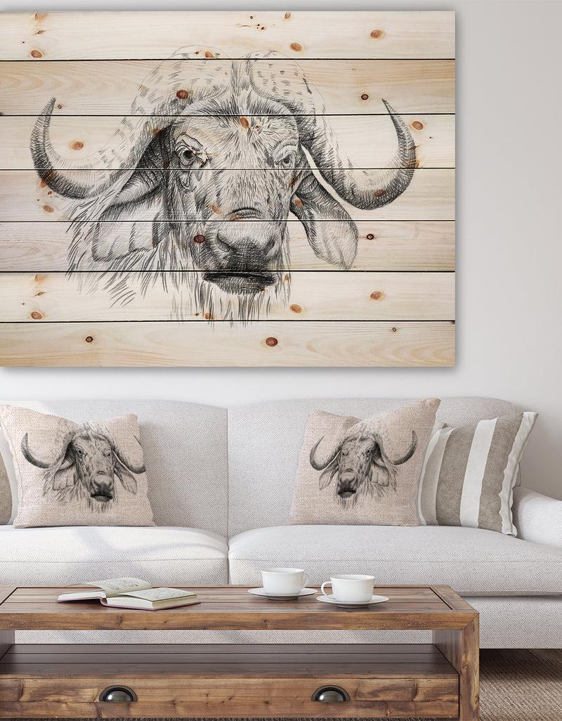 DesignQ Pencil Bufallo Sketch in Black and White - Animals Painting Print on Natural Pine Wood