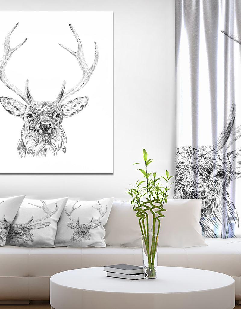 DesignQ Pencil Deer Sketch in Black and White - Animals Painting Print on Wrapped Canvas