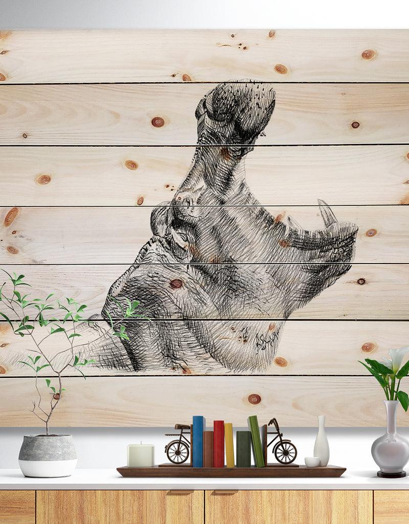 DesignQ Pencil hippo Sketch in Black and White - Animals Painting Print on Natural Pine Wood