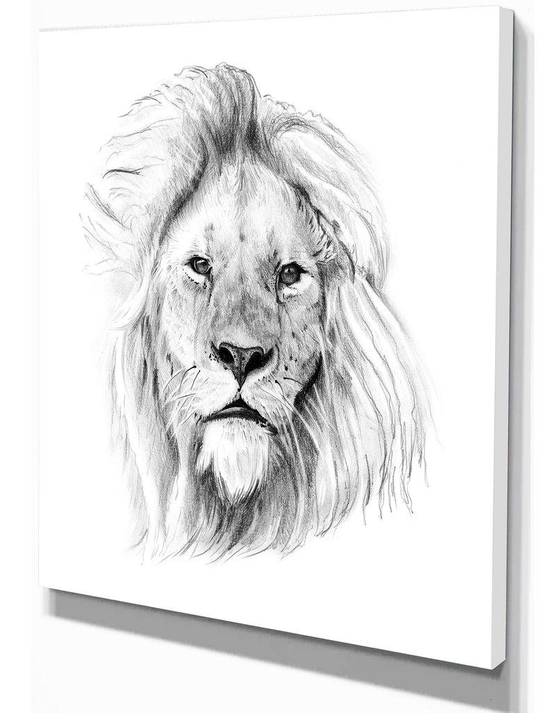 DesignQ Pencil Lion Sketch In Black And White - Animals Painting Print On Wrapped Canvas