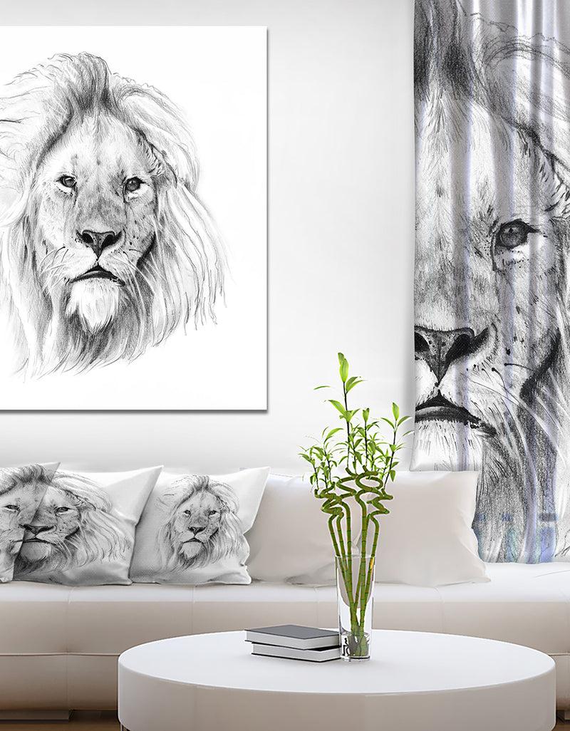 DesignQ Pencil Lion Sketch in Black and White - Animals Painting Print on Wrapped Canvas