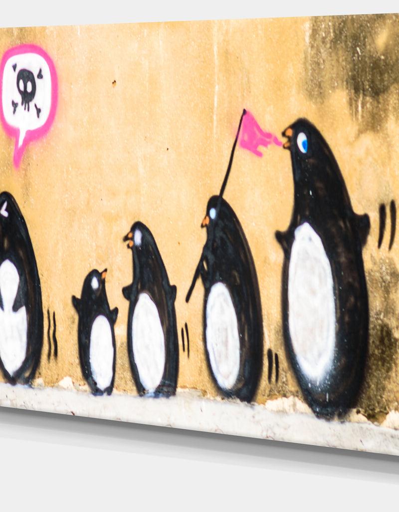 DesignQ Penguin On The Wall - Street Art Canvas Print