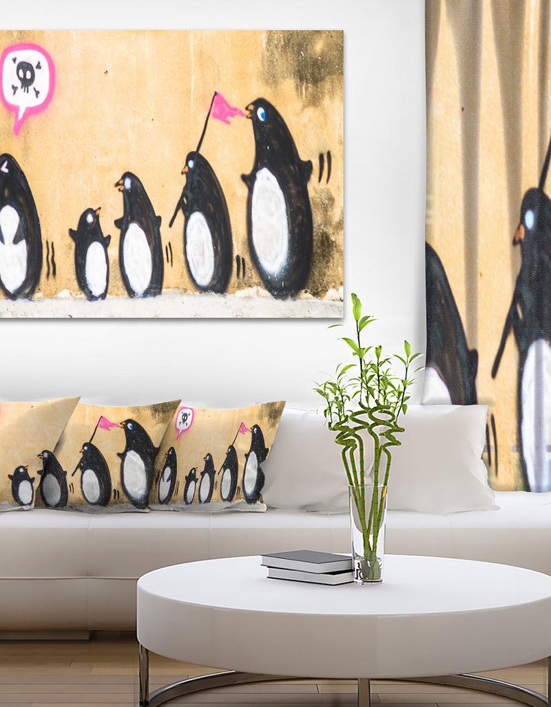 DesignQ Penguin on the Wall - Street Art Canvas Print