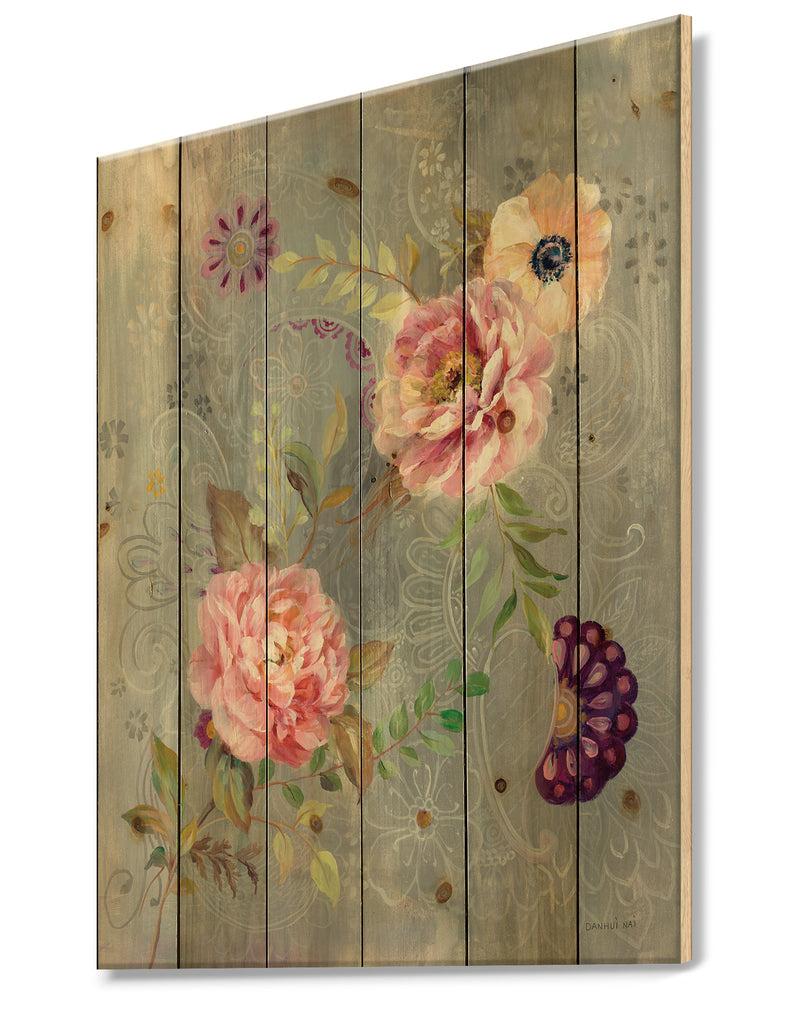 DesignQ Peonies And Paisley - Cabin & Lodge Print On Natural Pine Wood