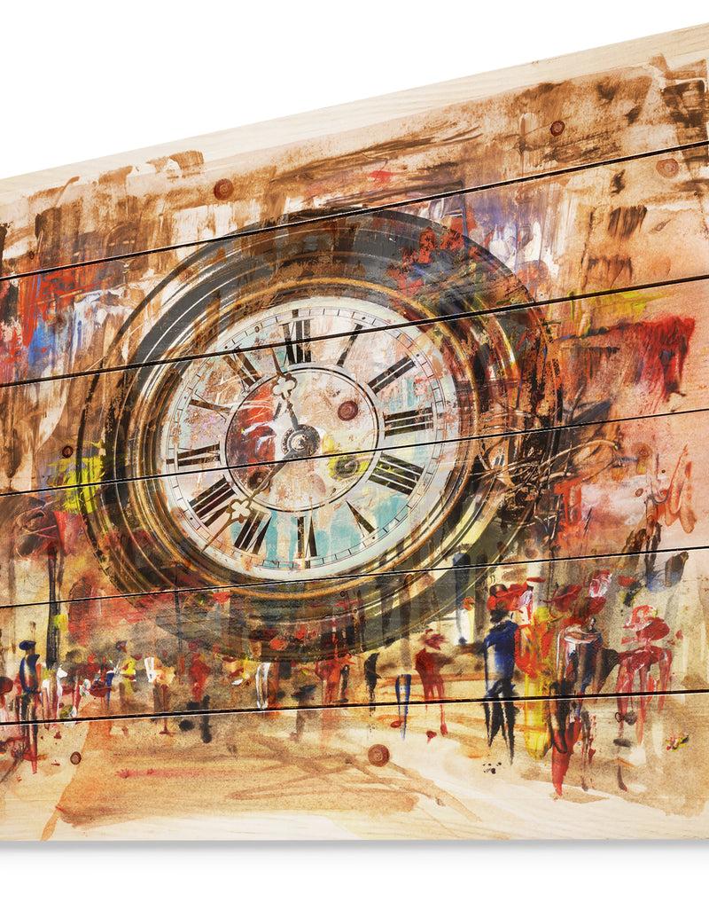 DesignQ People And Time Acrylic Painting - Abstract Print On Natural Pine Wood