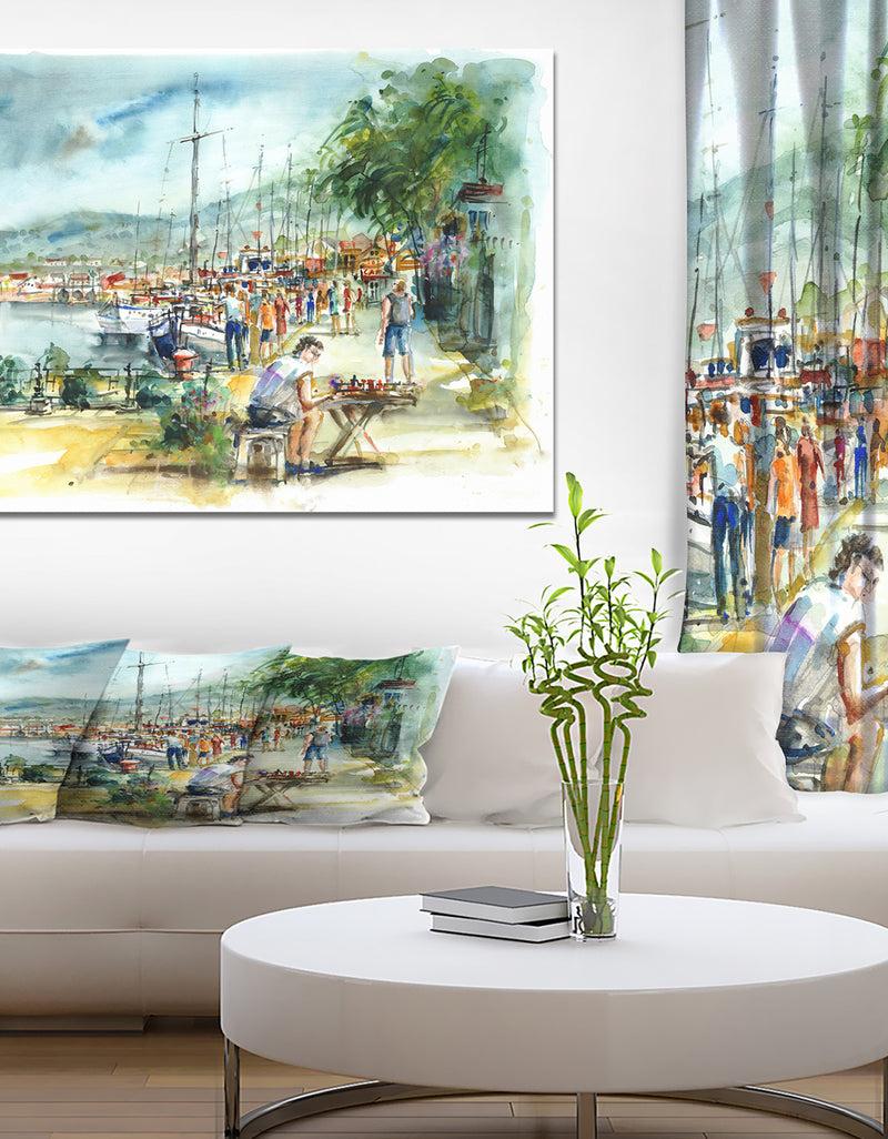 DesignQ People in the harbor - Sea & Shore Painting Print on Wrapped Canvas