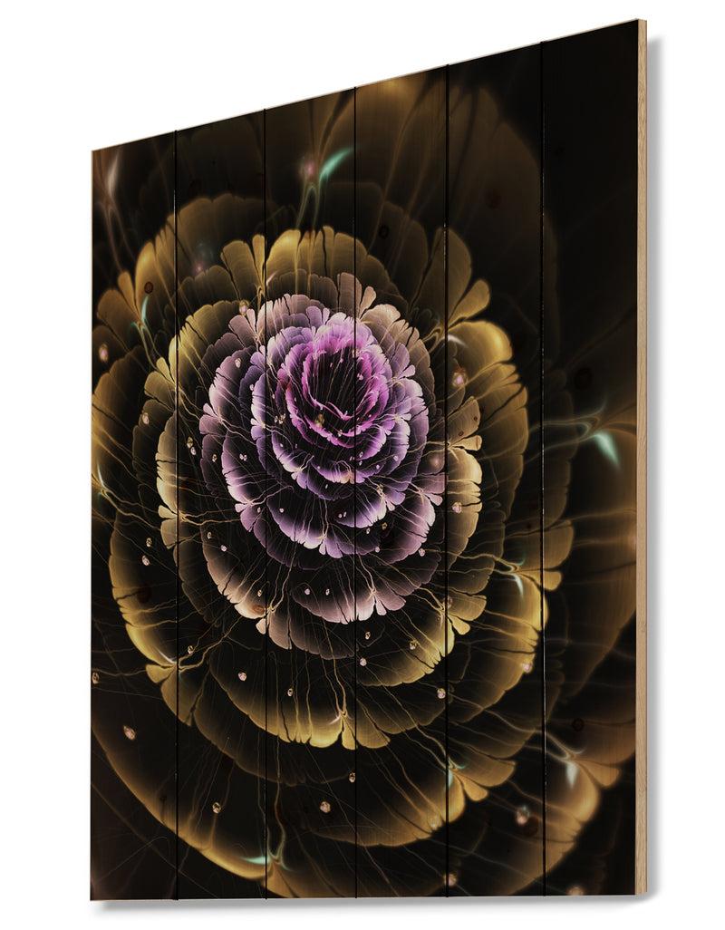 DesignQ Perfect Fractal Flower In Gold And Purple - Floral Print On Natural Pine Wood