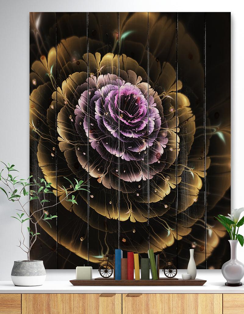 DesignQ Perfect Fractal Flower in Gold and Purple - Floral Print on Natural Pine Wood