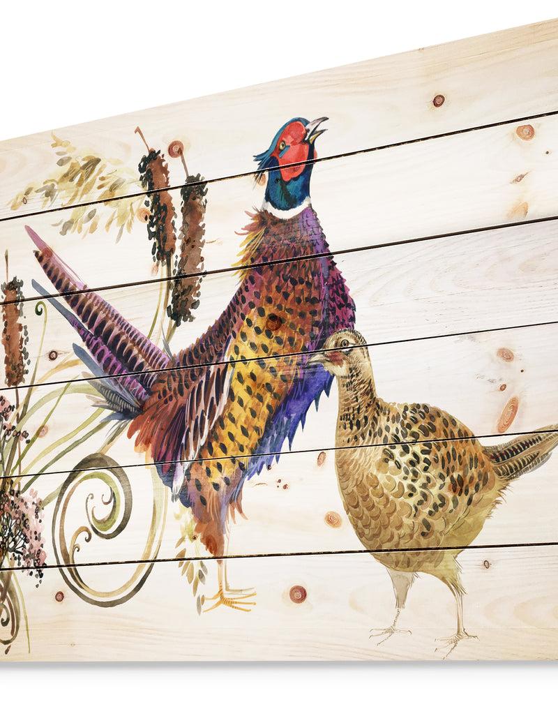 DesignQ Pheasant Bird Watercolor Illustration - Farmhouse Animal Painting Print On Natural Pine Wood