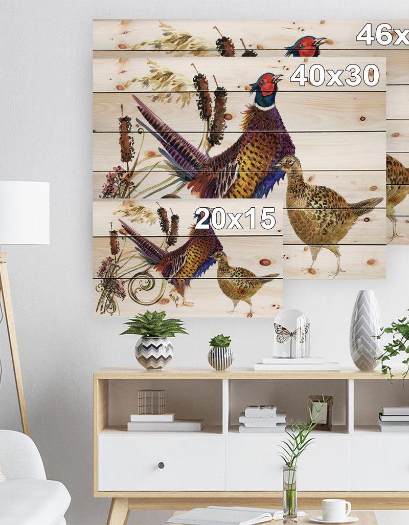 DesignQ Pheasant Bird Watercolor Illustration - Farmhouse Animal Painting Print On Natural Pine Wood