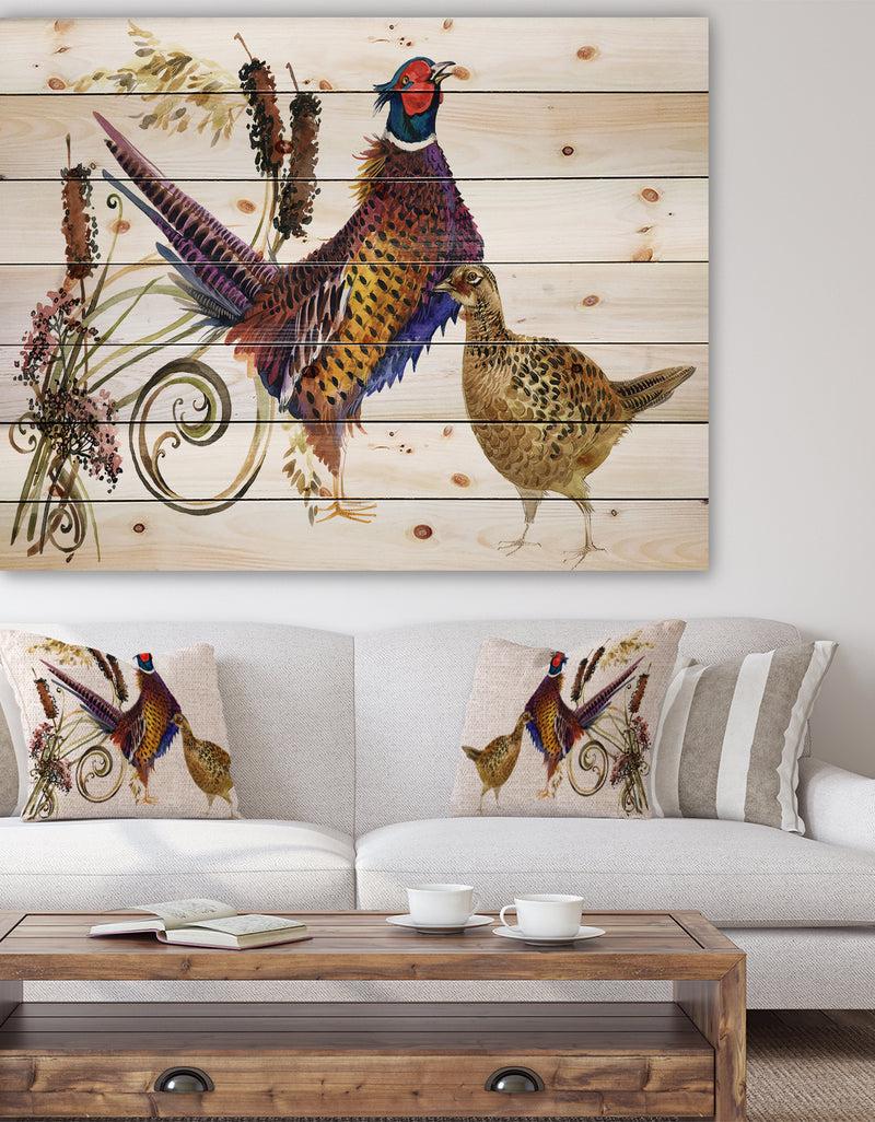 DesignQ Pheasant Bird watercolor illustration - Farmhouse Animal Painting Print on Natural Pine Wood