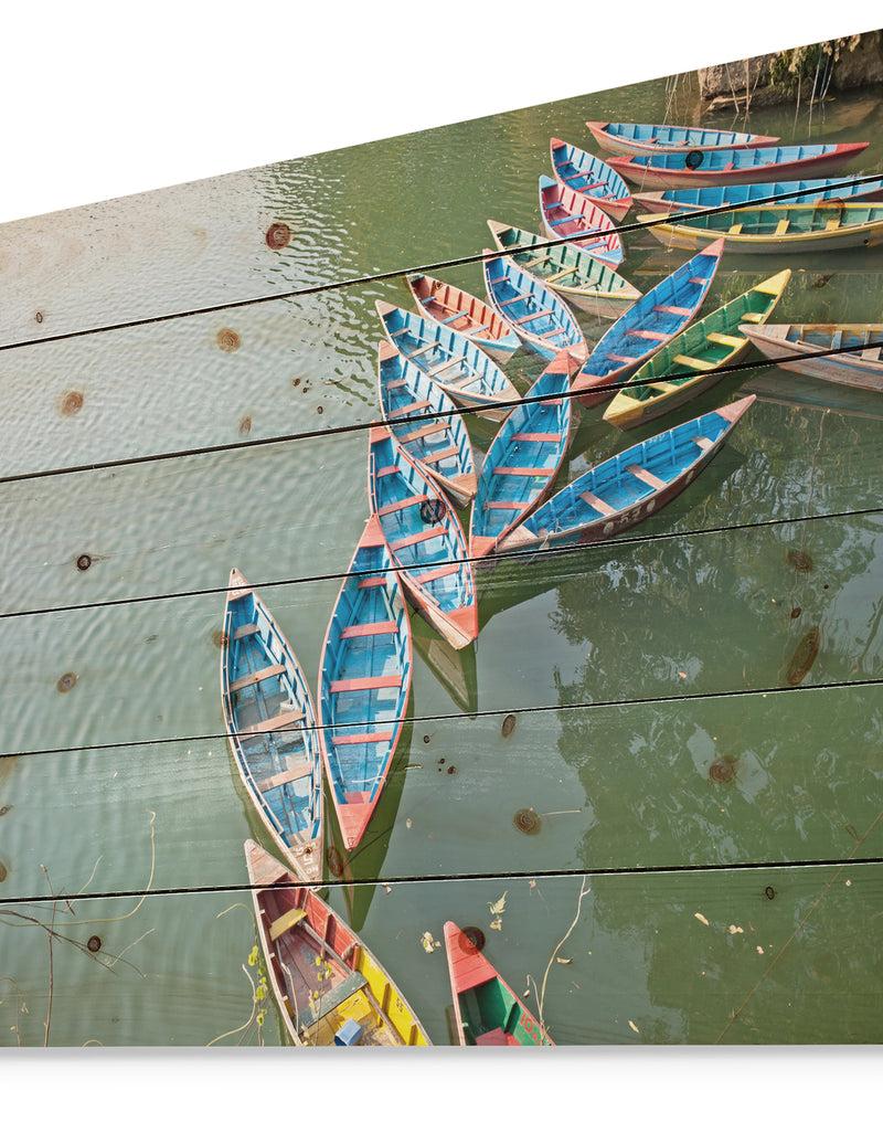 DesignQ Phewa Lake In Pokhara Nepal - Boat Print On Natural Pine Wood