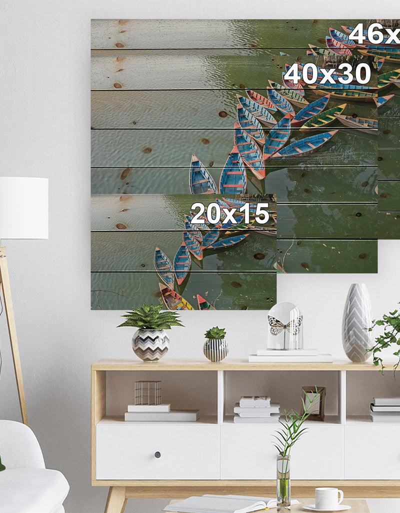 DesignQ Phewa Lake In Pokhara Nepal - Boat Print On Natural Pine Wood