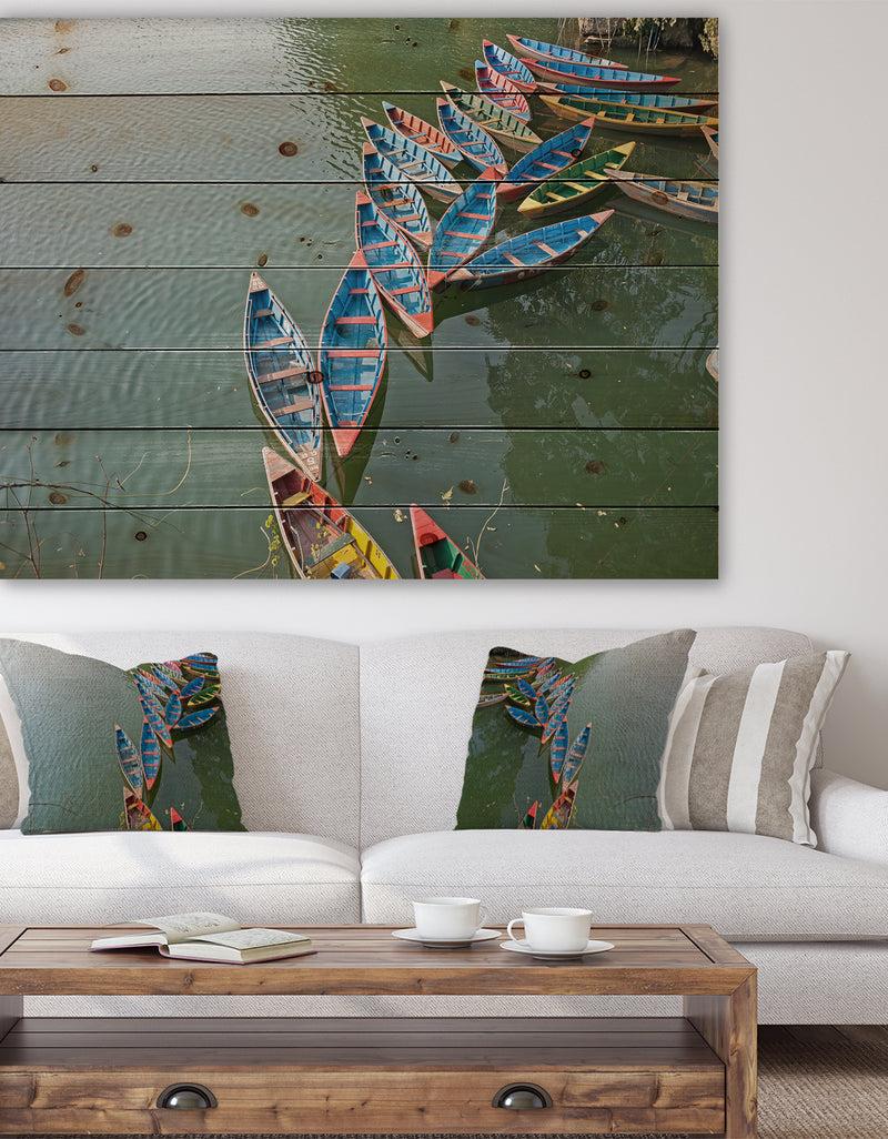 DesignQ Phewa Lake in Pokhara Nepal - Boat Print on Natural Pine Wood