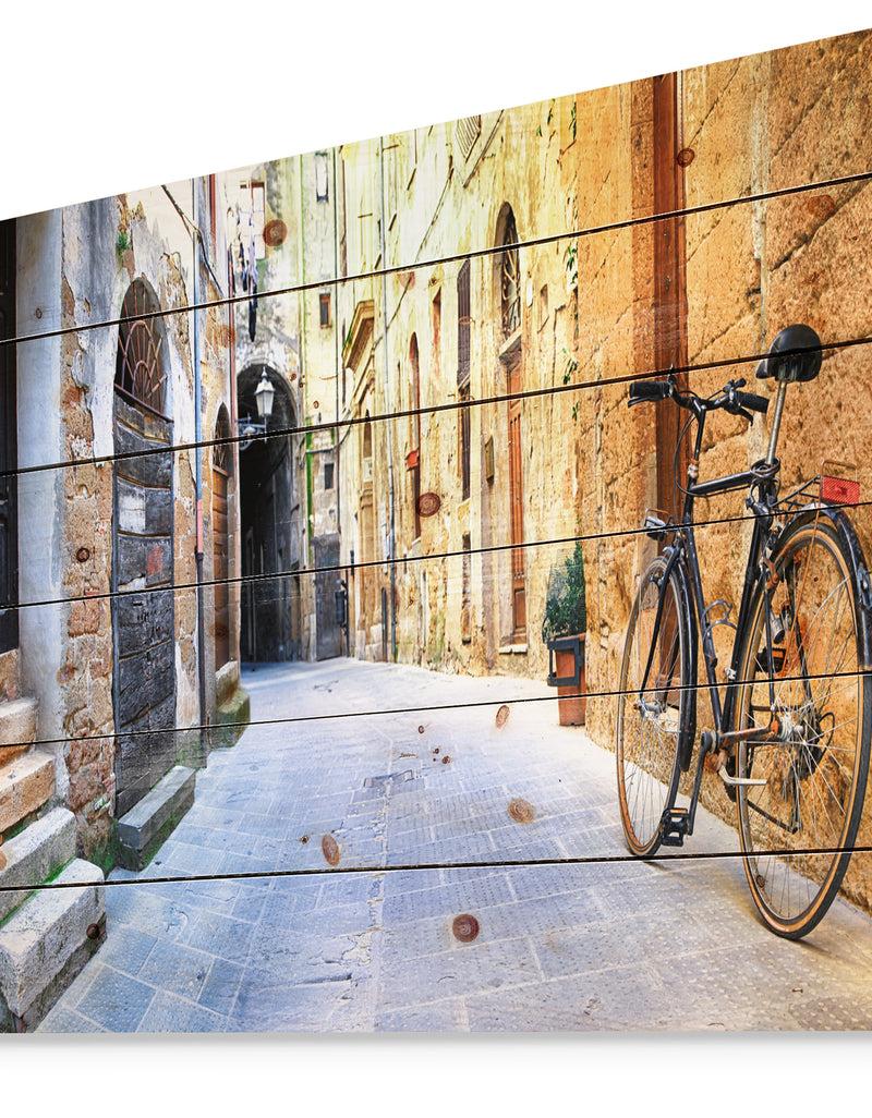 DesignQ Pictorial Street Of Old Italy - Cityscape Print On Natural Pine Wood