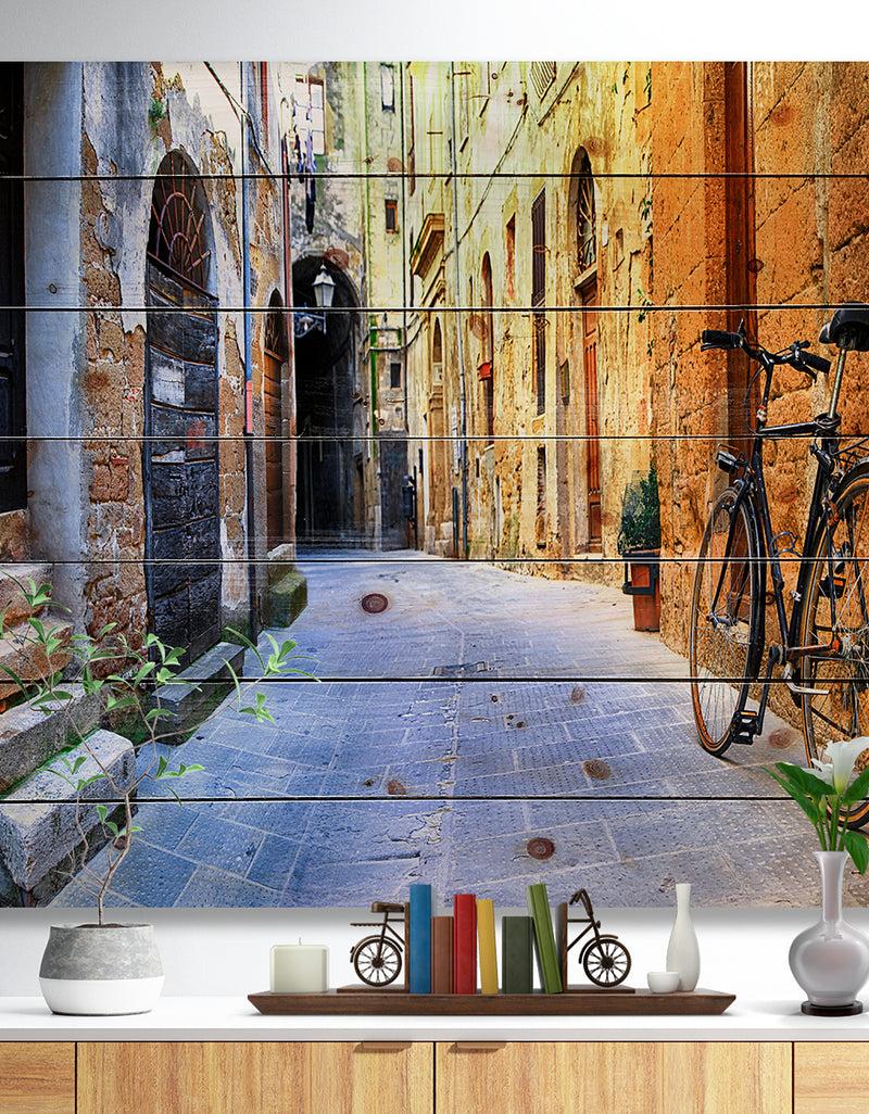 DesignQ Pictorial Street of Old Italy - Cityscape Print on Natural Pine Wood
