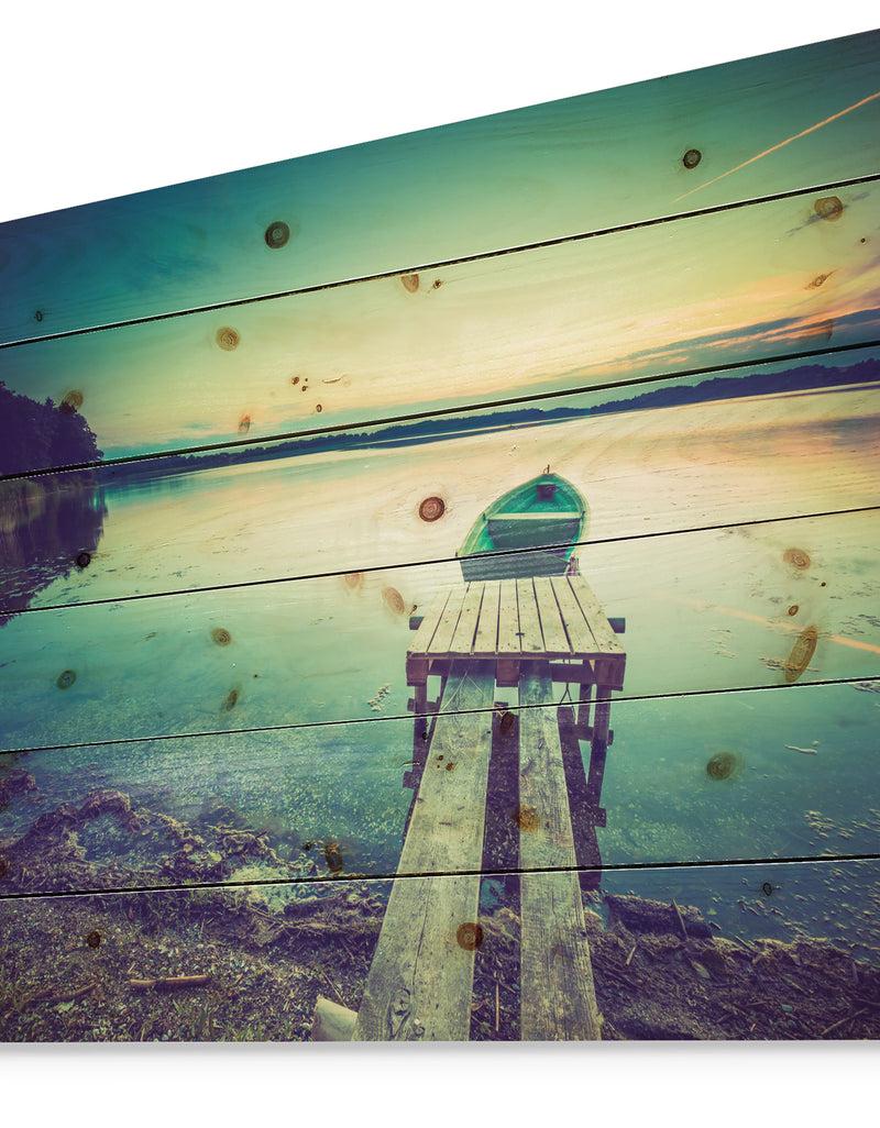 DesignQ Pier And Boat In Vintage Lake - Boat Print On Natural Pine Wood