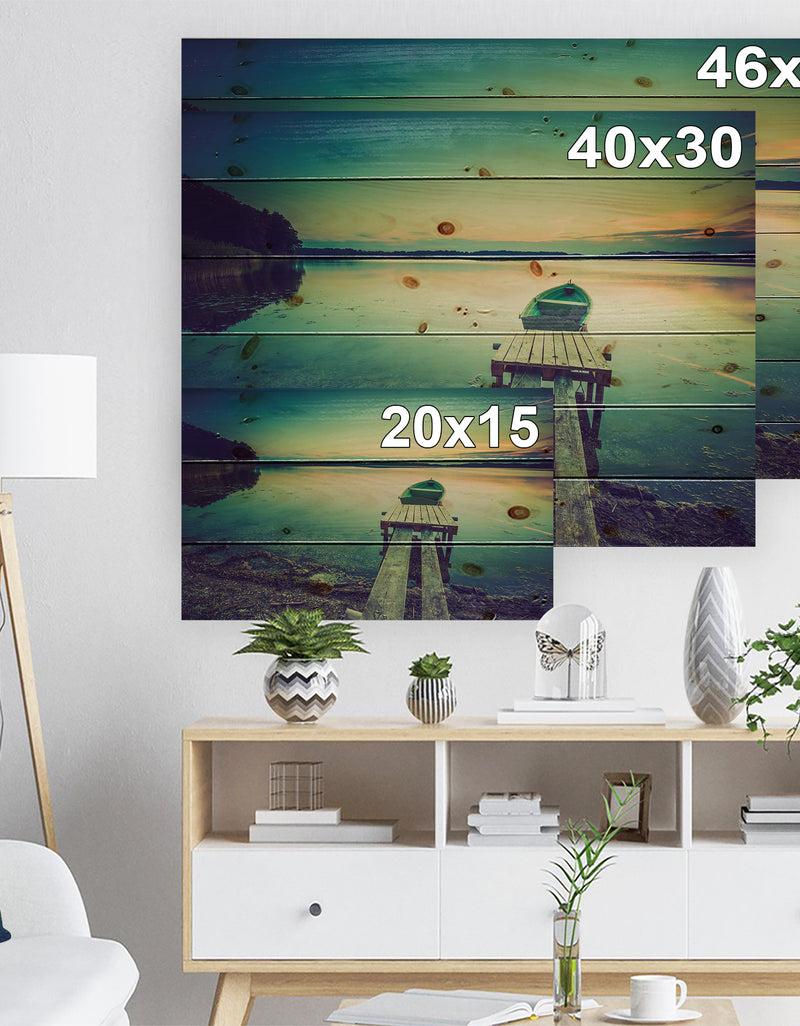DesignQ Pier And Boat In Vintage Lake - Boat Print On Natural Pine Wood