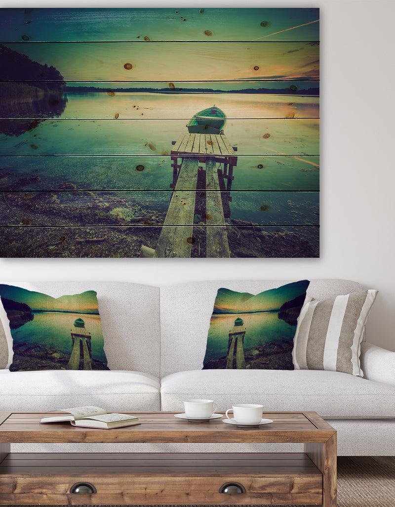 DesignQ Pier and Boat in Vintage Lake - Boat Print on Natural Pine Wood