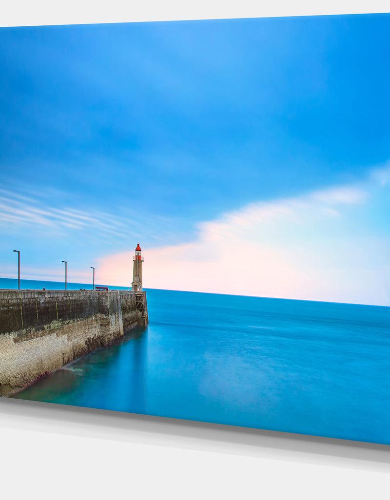 DesignQ Pier And Lightour In Sunset - Seascape Photo Canvas Print