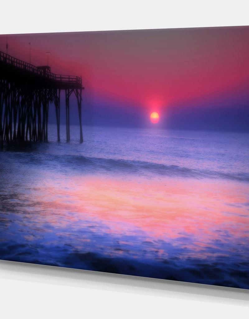 DesignQ Pier Sunrise With Purple Sunset - Sea & Shore Photography On Wrapped Canvas