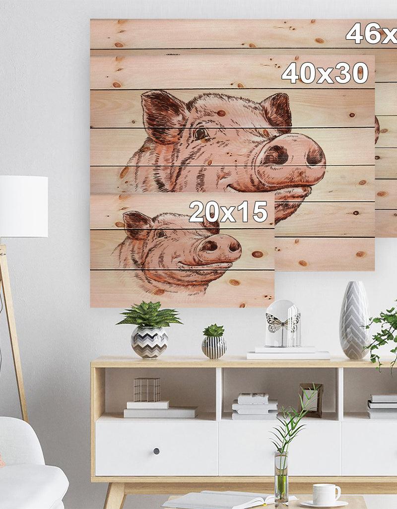 DesignQ Pig Portrait In Brush Painting - Farmhouse Animal Painting Print On Natural Pine Wood