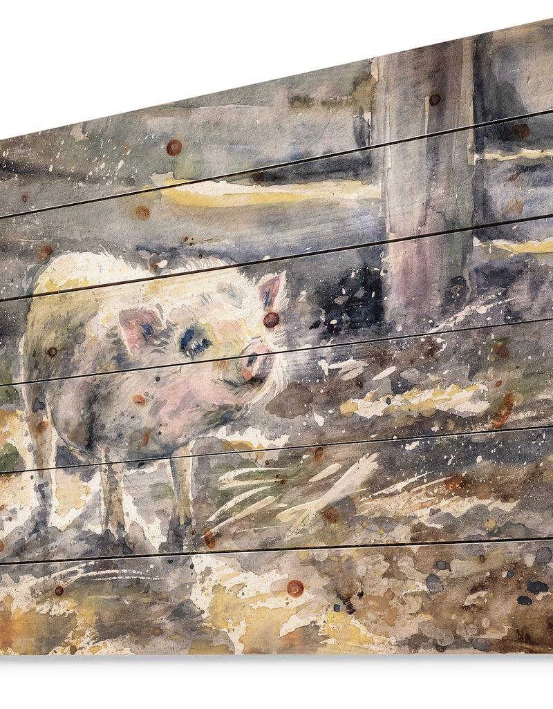 DesignQ Pig Watercolors Painted - Farmhouse Animal Painting Print On Natural Pine Wood
