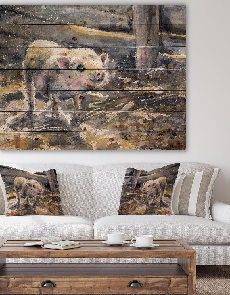 DesignQ Pig watercolors painted - Farmhouse Animal Painting Print on Natural Pine Wood