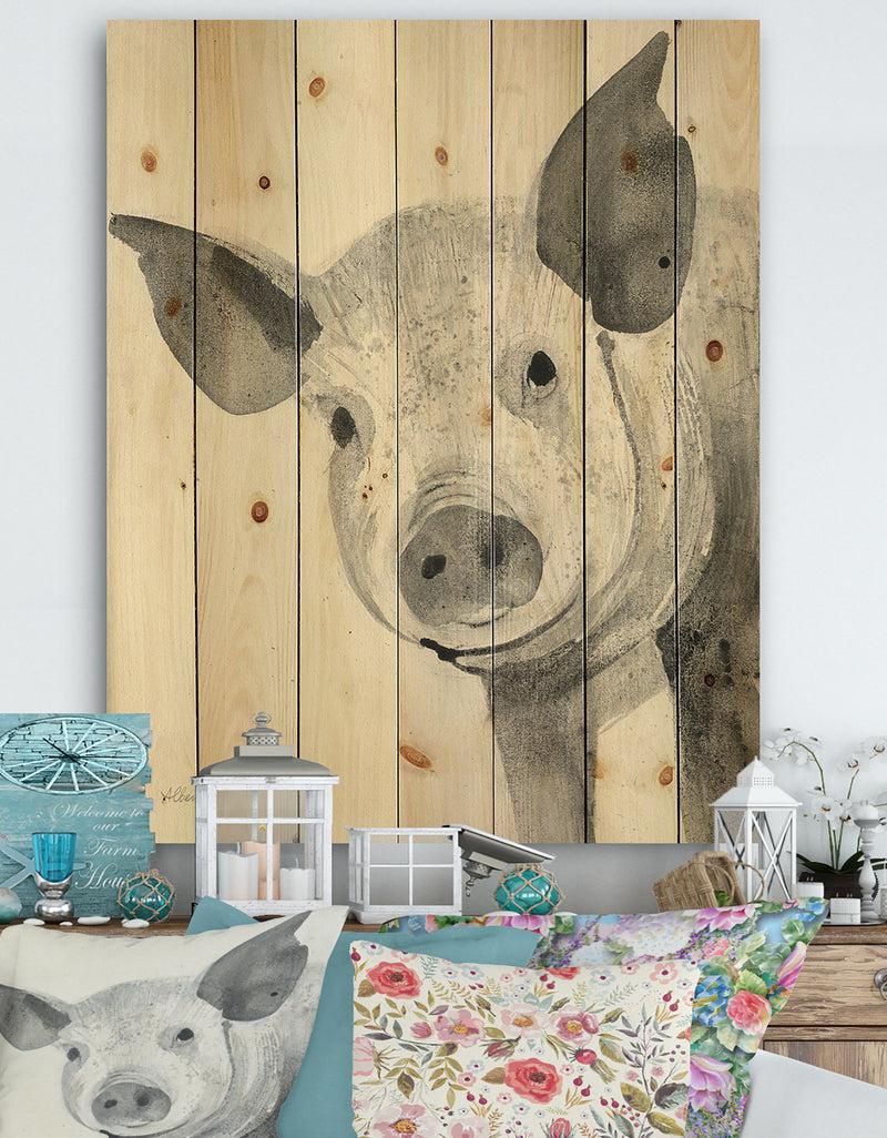 DesignQ Piglet Farmhouse Animal in Black and White - Farmhouse Animals Print on Natural Pine Wood