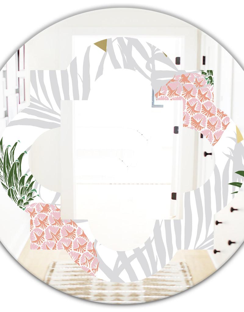 DesignQ Pineappple On Tropical Leaves - Modern Round Or Oval Wall Mirror - Quatrefoil