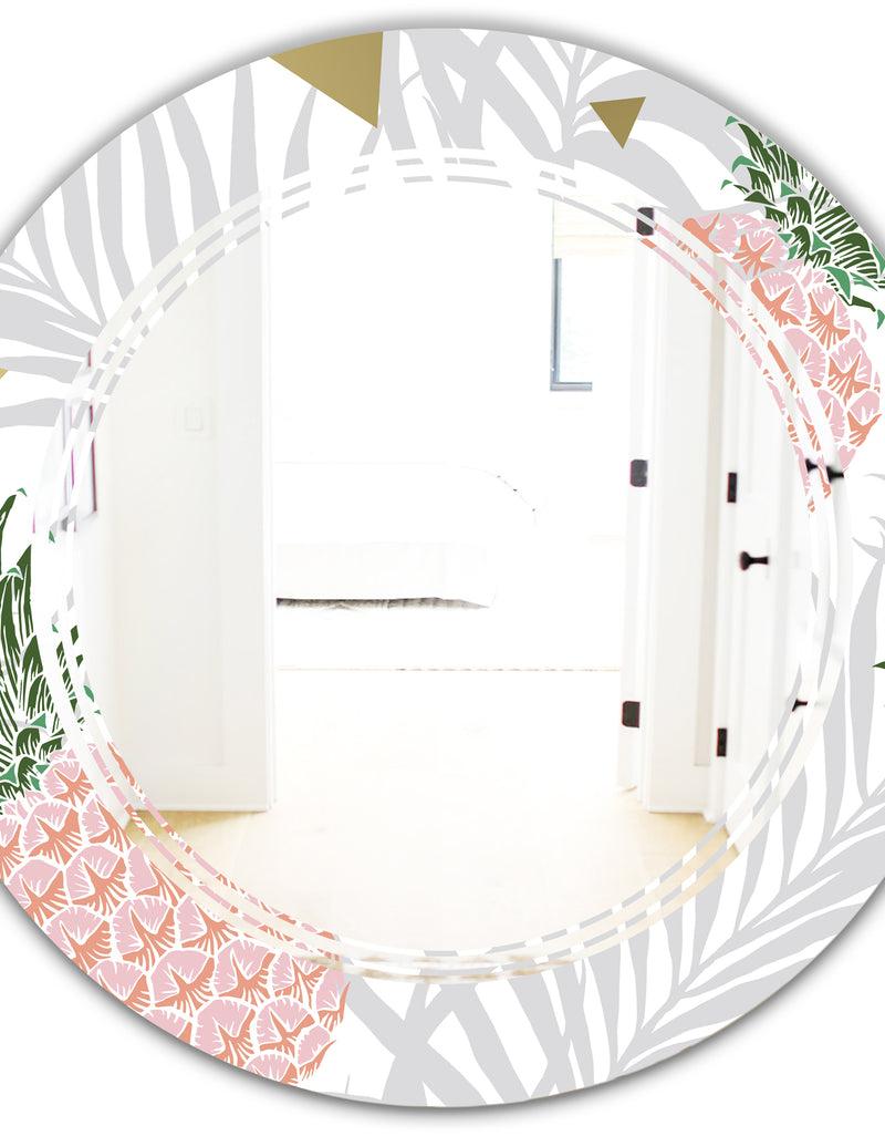 DesignQ Pineappple On Tropical Leaves - Modern Round Or Oval Wall Mirror - Triple C
