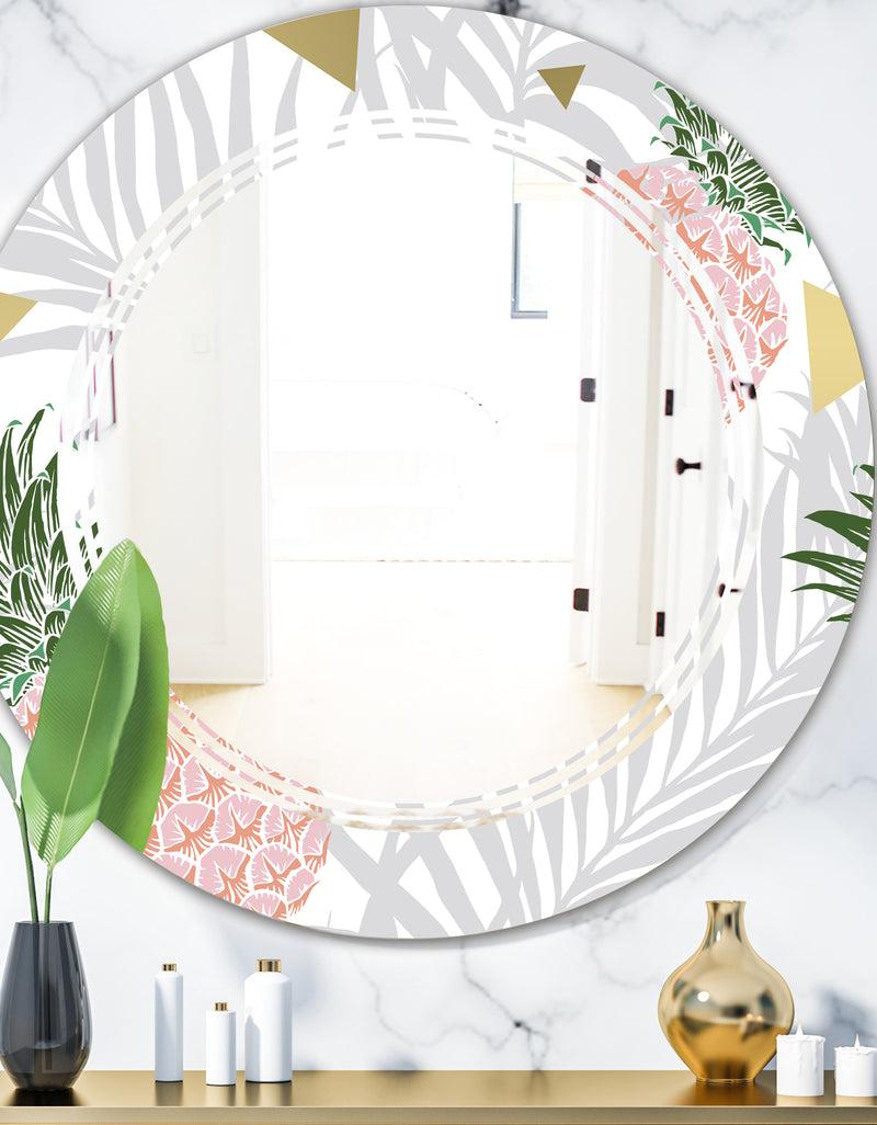 DesignQ Pineappple On Tropical Leaves - Modern Round or Oval Wall Mirror - Triple C