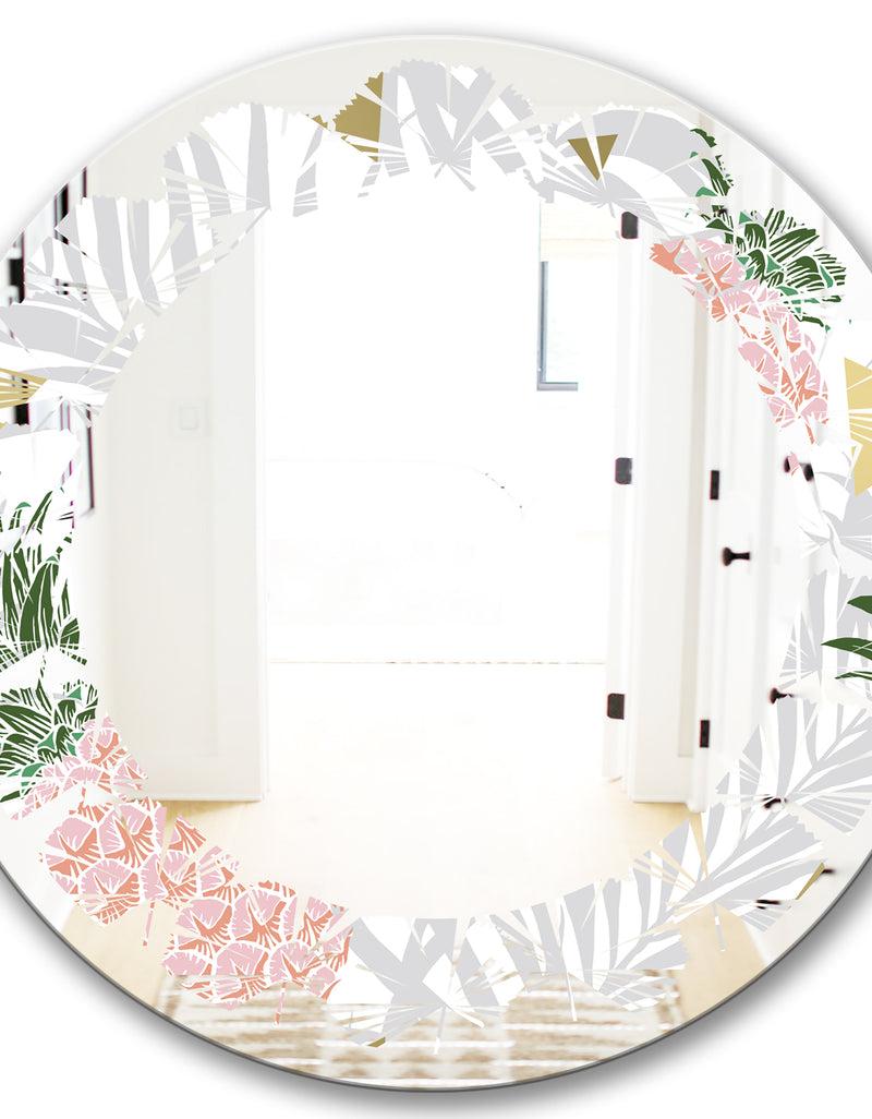 DesignQ Pineappple On Tropical Leaves - Modern Round Or Oval Wall Mirror - Leaves