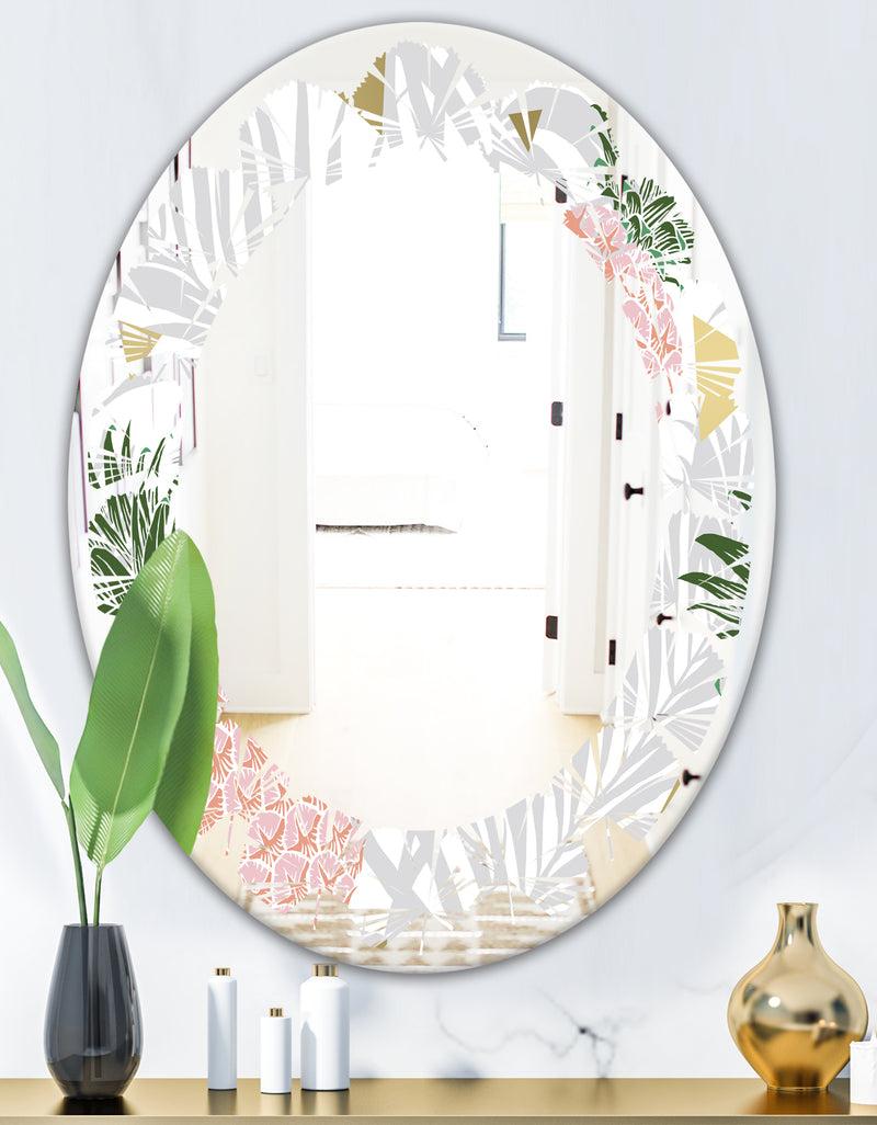 DesignQ Pineappple On Tropical Leaves - Modern Round Or Oval Wall Mirror - Leaves