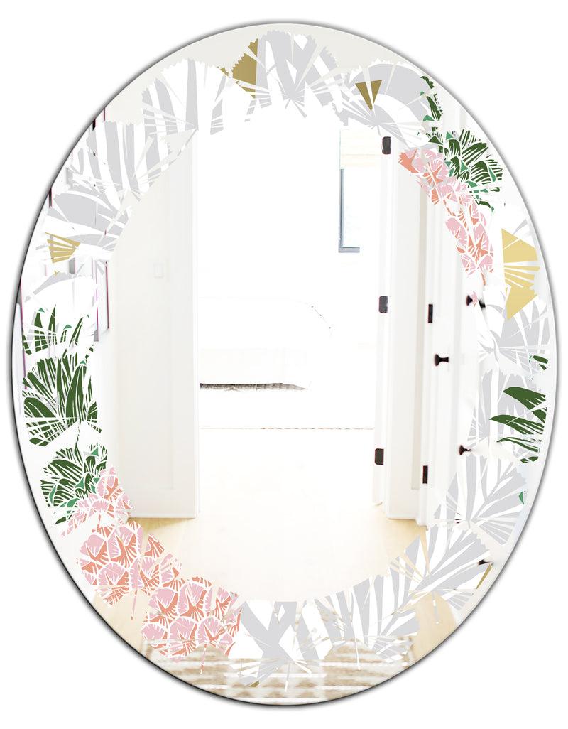 DesignQ Pineappple On Tropical Leaves - Modern Round Or Oval Wall Mirror - Leaves